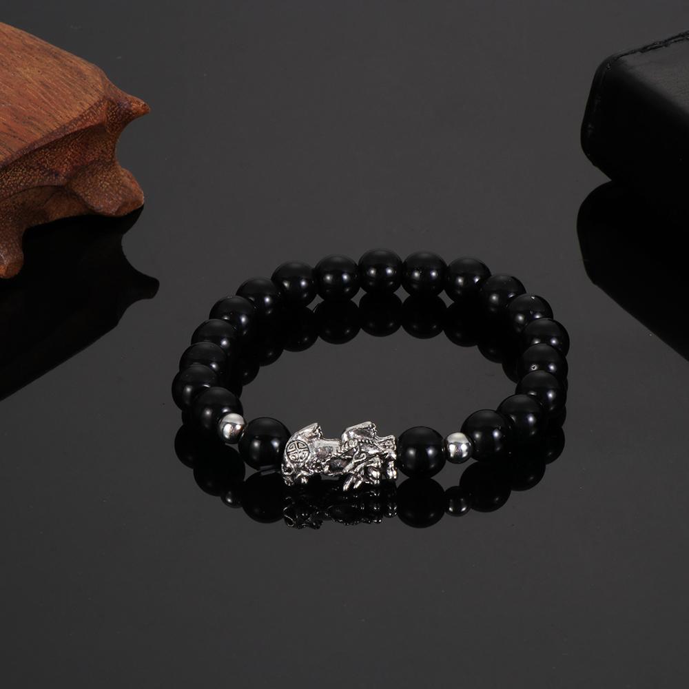Cuff Bangle Black Attract Wealth Buddhism Bead Obsidian Wristband Bracelet Feng Shui Silver PiXiu