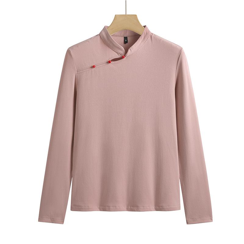 

Женский топ 3XL на осень и зиму с воротником-стойкой, диагональной застежкой на пуговицы в стиле ретро, облегающий хлопковый удобный длинный рукав, футболка женская M