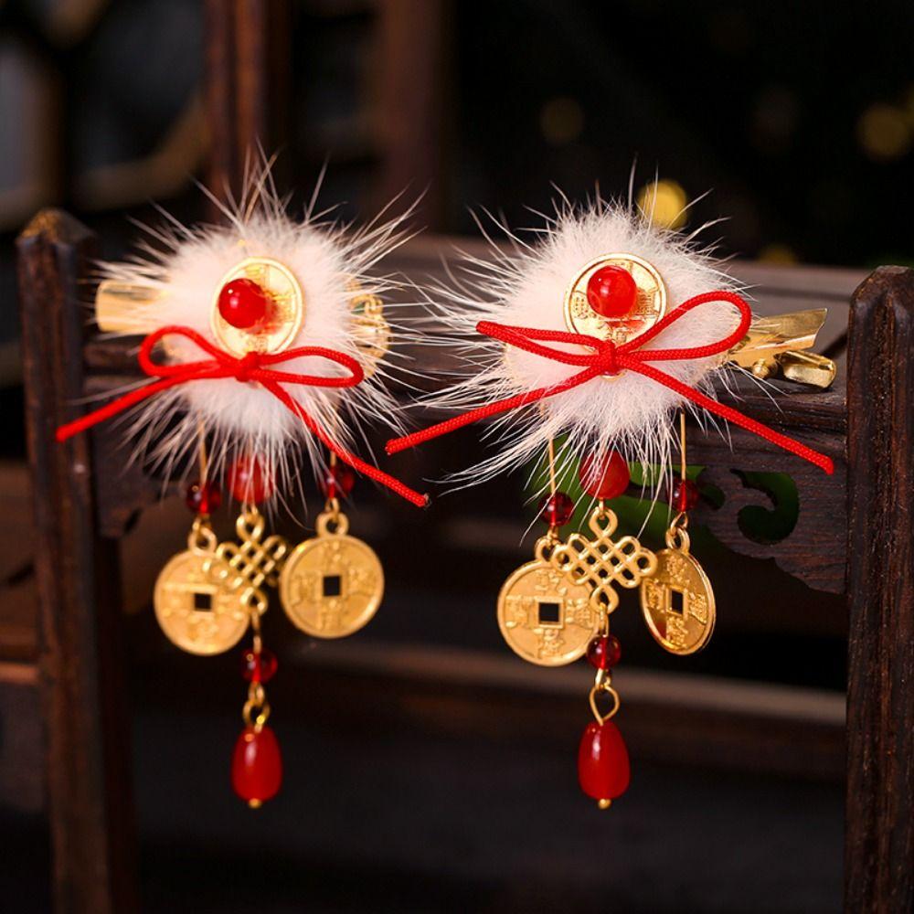 Hanfu Kopfschmuck Kinder Neujahr Haarnadel Niedlich Tang Anzug Chinesischer Stil Rote Haarspangen Süße Kugel Antiker Stil Haarspange Winter