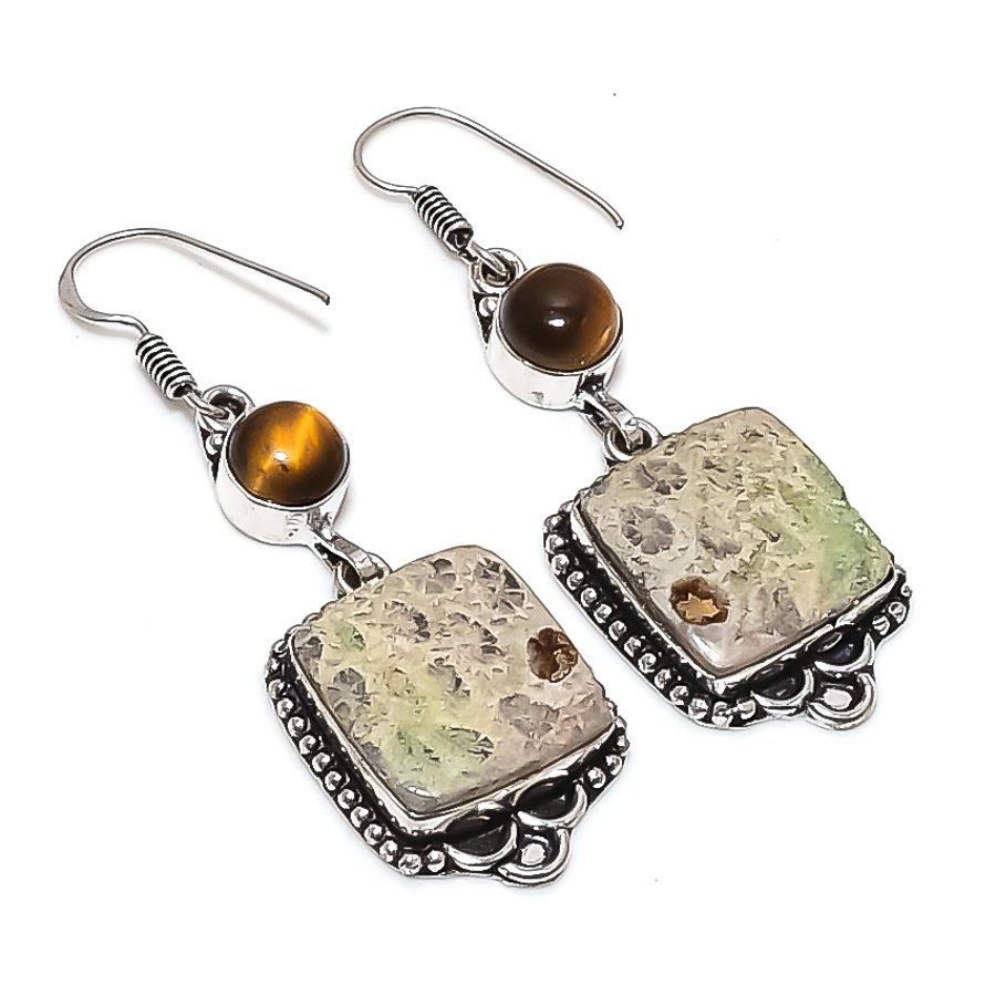 

Natural Fossil Coral, Tiger Eye 925 Sterling Silver Jewelry Earring 2.32 Q3u94