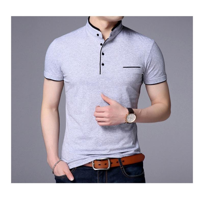 Mens Stand Collar Short Sleeve Slim Fit Big Size Solid Casual T Shirt