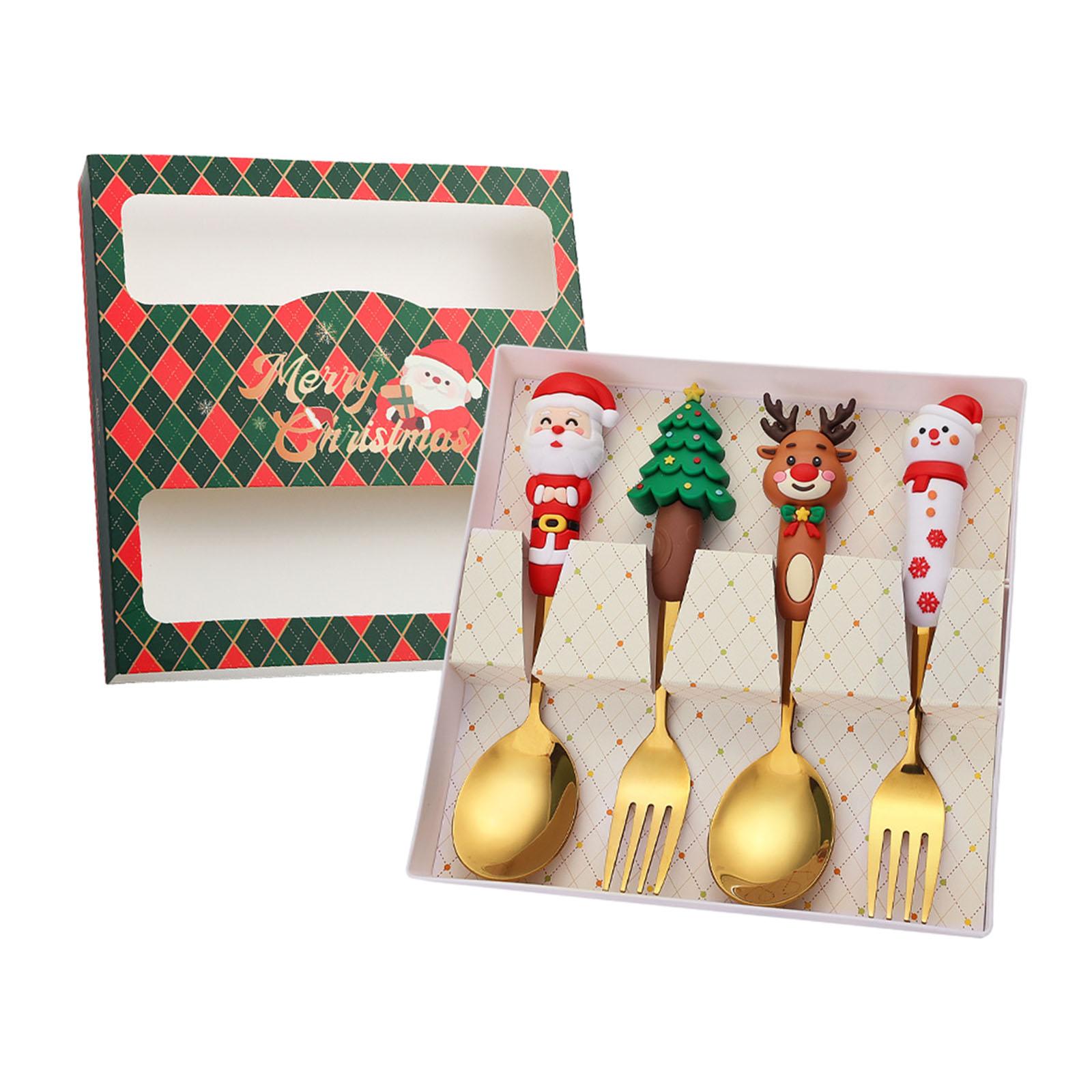 4Pcs Christmas Spoon and Fork Set Dessert Spoons for Drinks Sundae Ice Cream