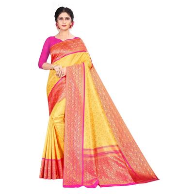 Bu altın Kanchipuram Silk Saree'de güzel bir altın zari işaretli brokar yavru tavus kuşu var
