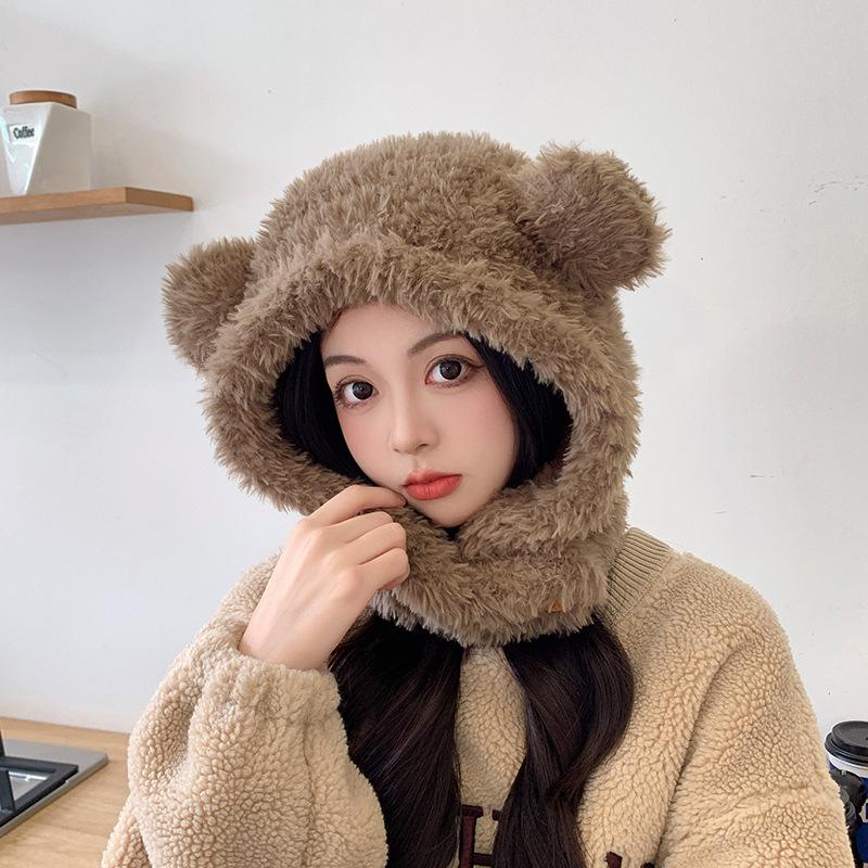 Niedliche Bärenohren Plüschmütze und Schal in einem Damen Winter Ohrenschützende Kapuze zum Warmhalten und Kälteschutz Lei Feng Mütze