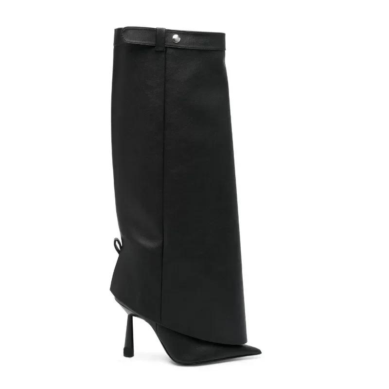 Fashion New Belt Buckle Elegant Black Women's Skirt Boots European  American Hot Girl Pointed High Heels Knee High Pants Boots Size 43