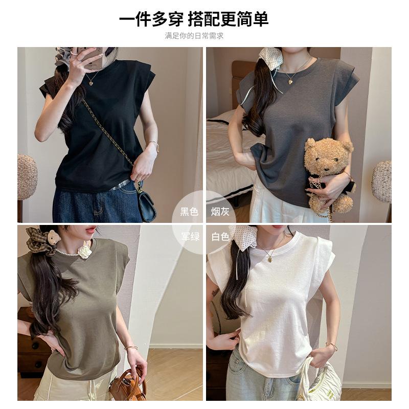 Summer white round neck short-sleeved t-shirt women's spring summer new design sense niche loose casual front shoulder look thin