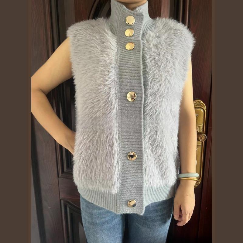 GMXIA Stand-up Mink Velvet Sleeveless Jumper Women's Coat Autumn and Winter Loose Temperament Elegant Knitted Cardigan