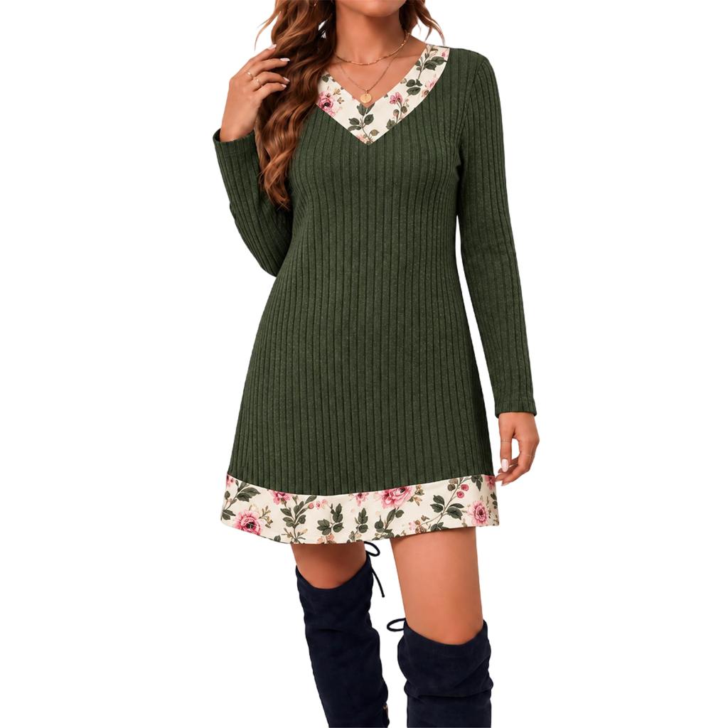 Tunica Casual da Donna a Girocollo a Manica Lunga con Patchwork a Quadri di Media Lunghezza