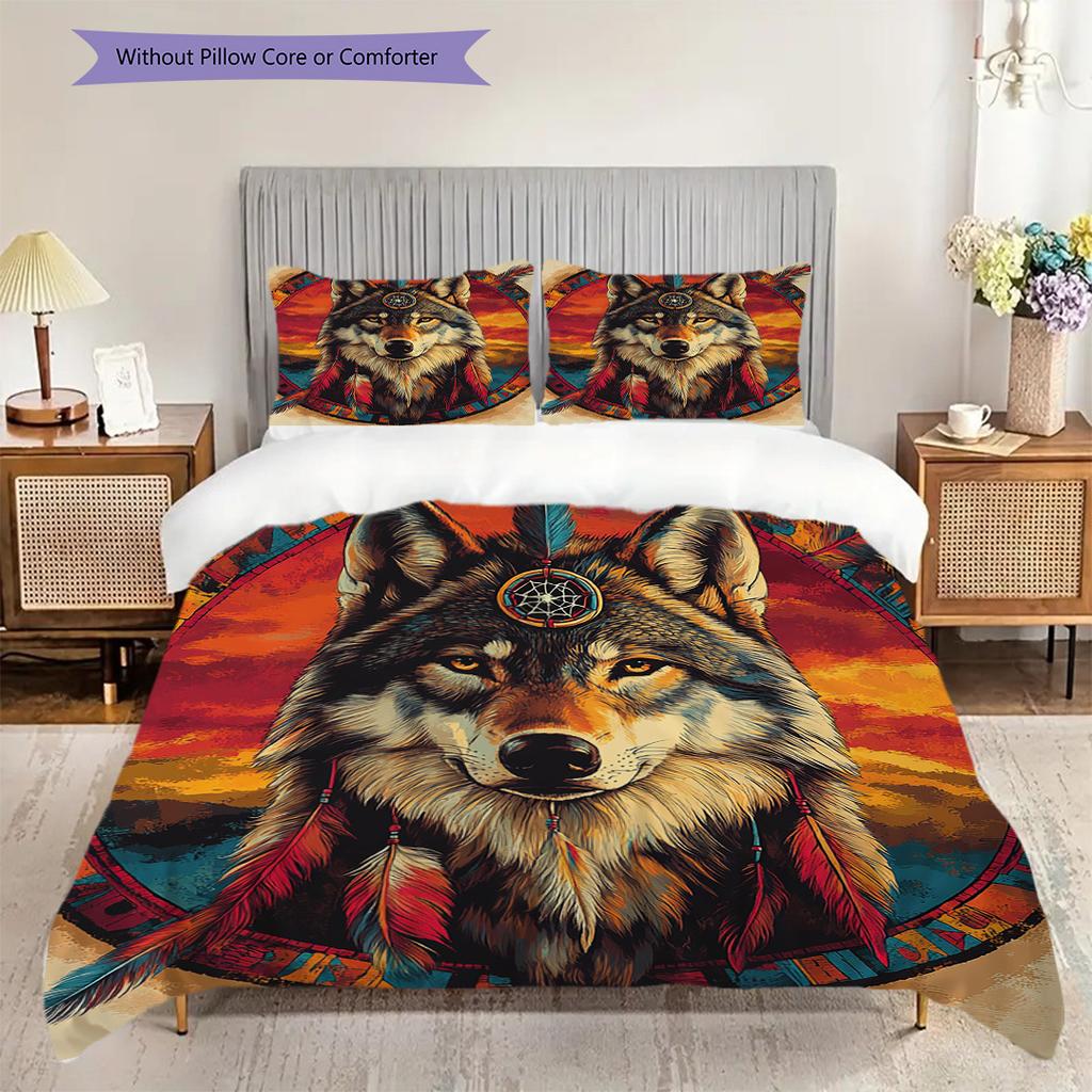 Primitive Wolf Pattern Bedding Quilt Set Quilt Cover Pillowcase Home Decoration Birthday Gift (1 * duvet cover + 2 * pillowcase, without core)
