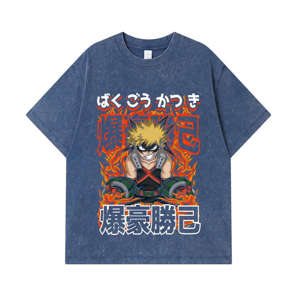 

275 GSM Washed T-shirts 100% Cotton My Hero Academia V13 Bakugo Print Unisex Heavy Cotton T Shirt 2XL королівський синій колір