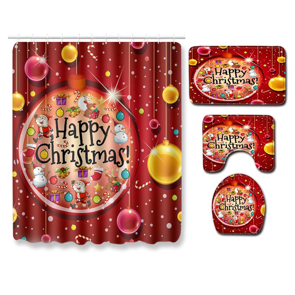 Christmas Shower Curtain Floor Mat Combination Four-Piece Set Kitchen Door Mat Bedroom Living Room Carpet