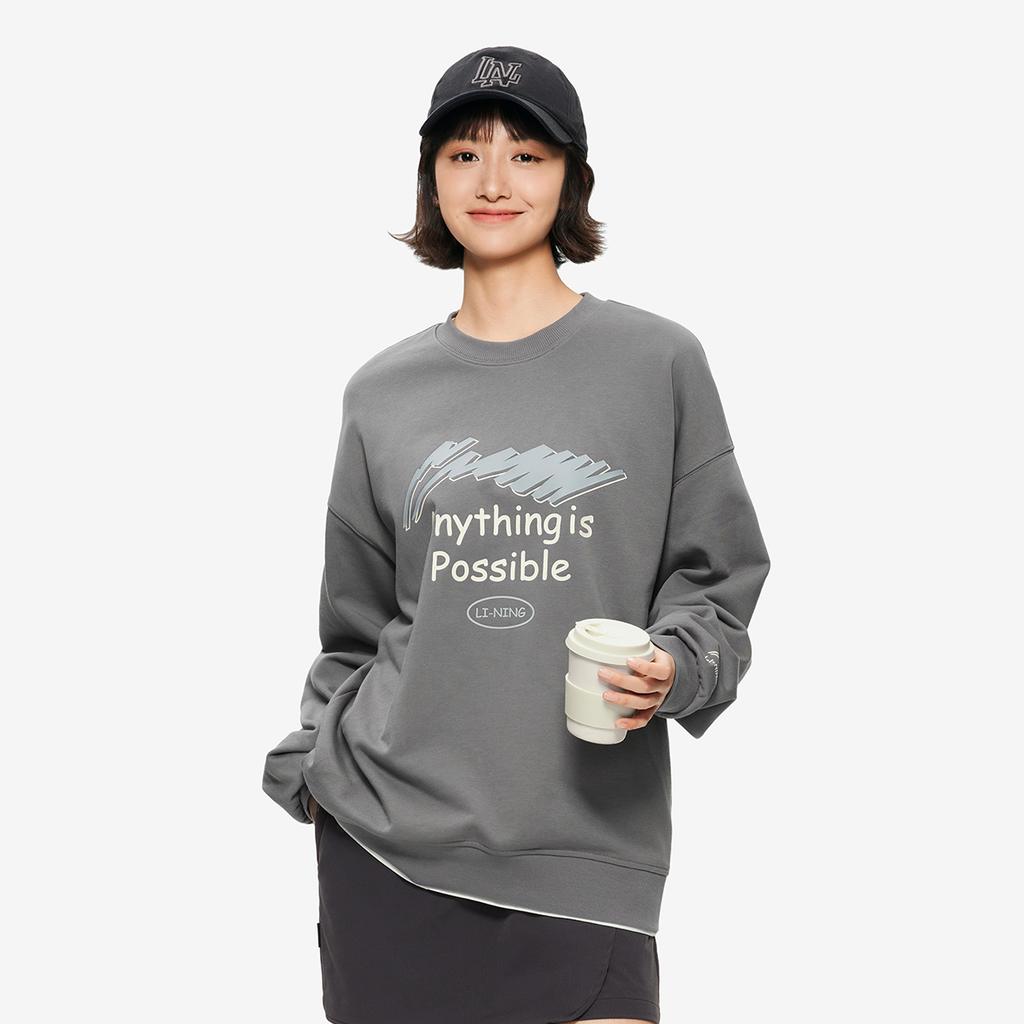 Li Ning Sports Fashion Series Comfortable Casual Letter Print Loose Round Neck Sweatshirt Unisex sweatshirt Asphalt-Gray AWDUE93-4