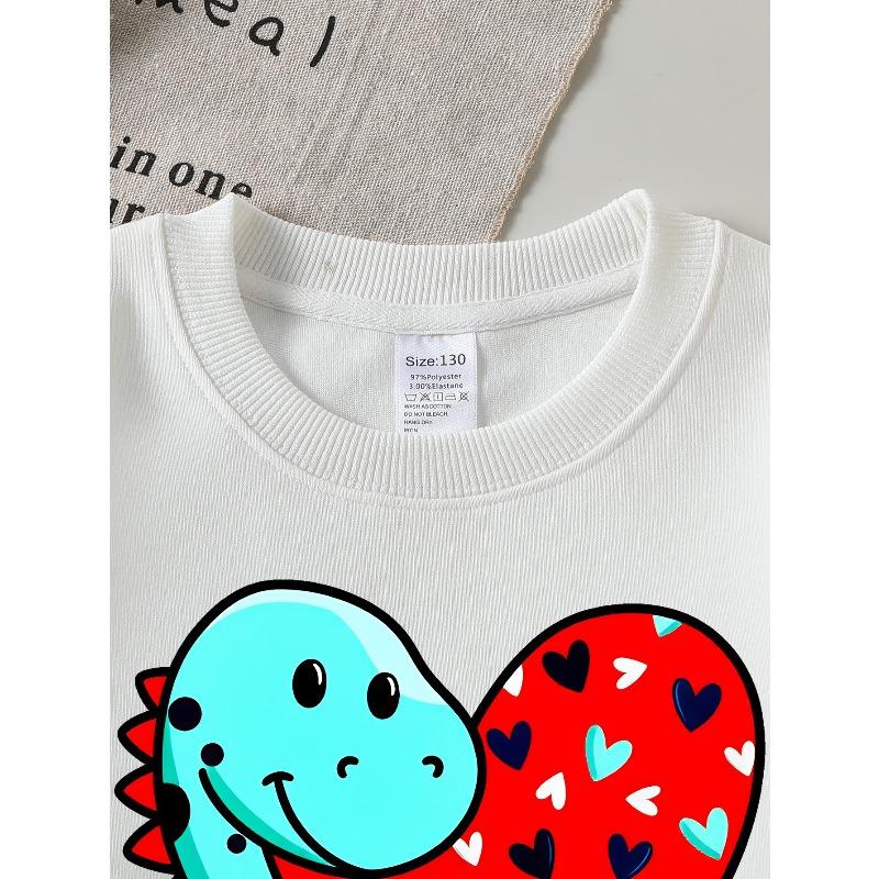 European sizes Girls' Soft Crewneck Sweatshirt with Heart Pattern Dinosaur Cartoon, Casual All-Match for Fall Winter, Ideal Present.