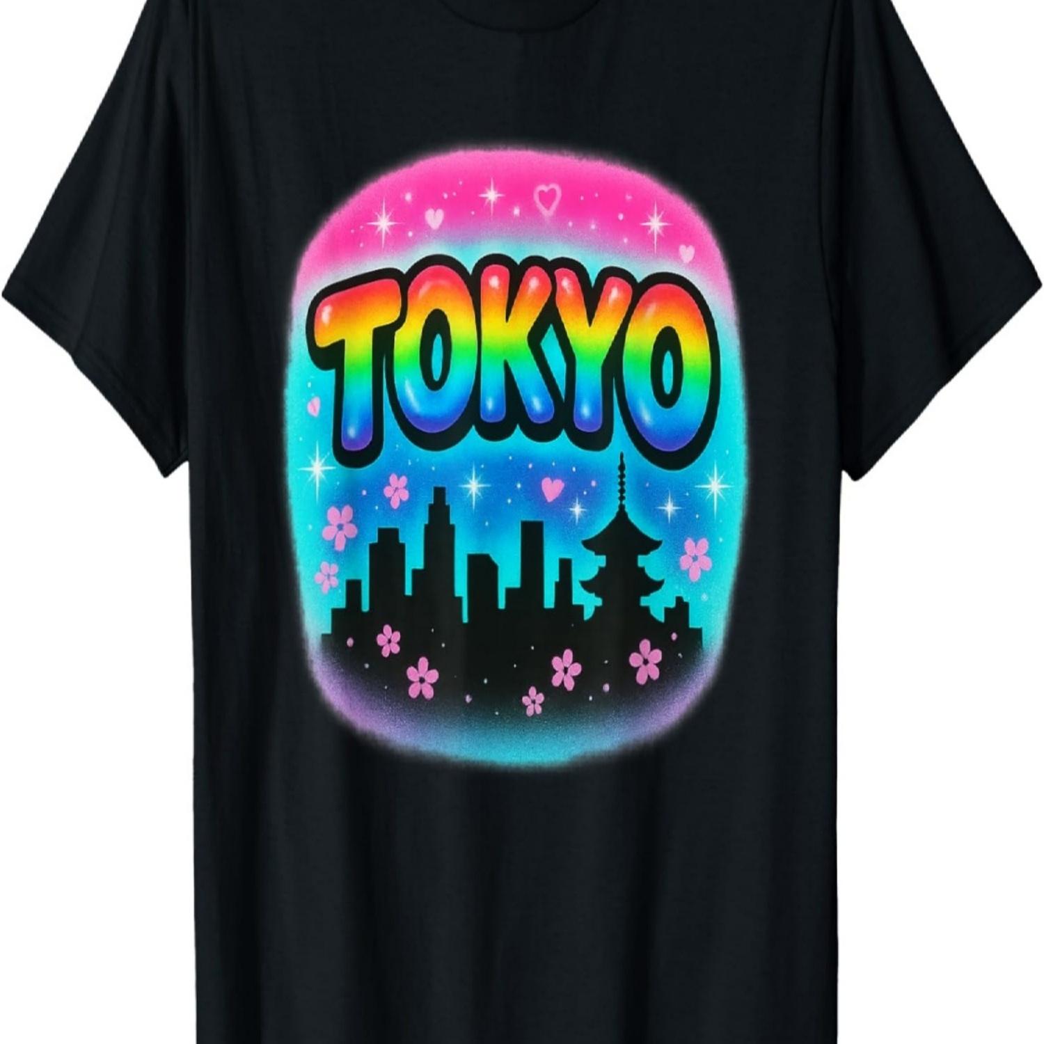 Retro Rainbow Tokyo Skyline Pastel Gradient Cherry Blossoms T-Shirt S чёрный