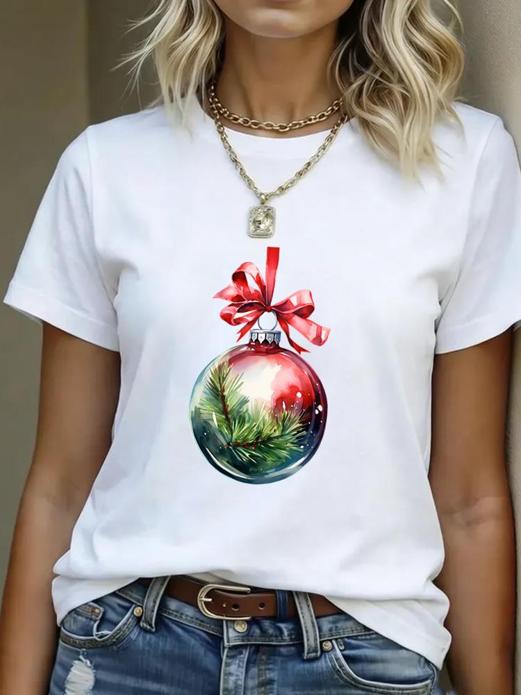 (Asian Size) tree watercolor  T Shirt Print Casual New Year Short Sleeve T-shirts Merry Christmas Fashion Women's Top O-neck Clothing Graphic Tee