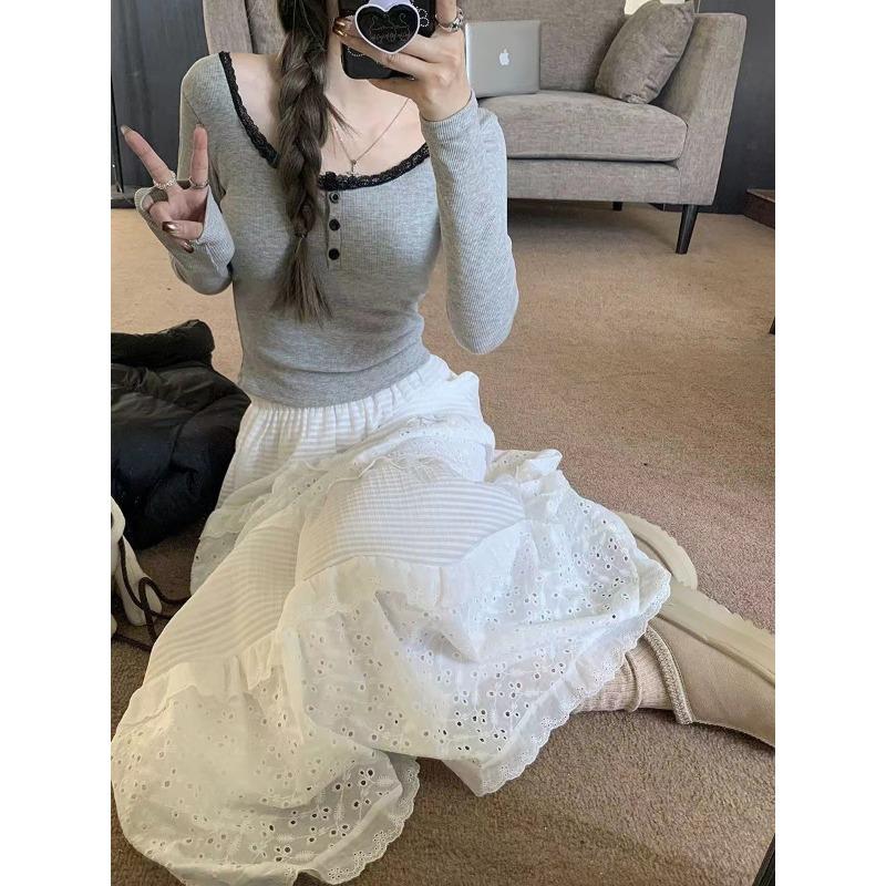 

Футболка с длинным рукавом и кружевным краем Pure Wind, женская, новая, Gentle Everything with Spice Girls, повседневная базовая рубашка, топ One size