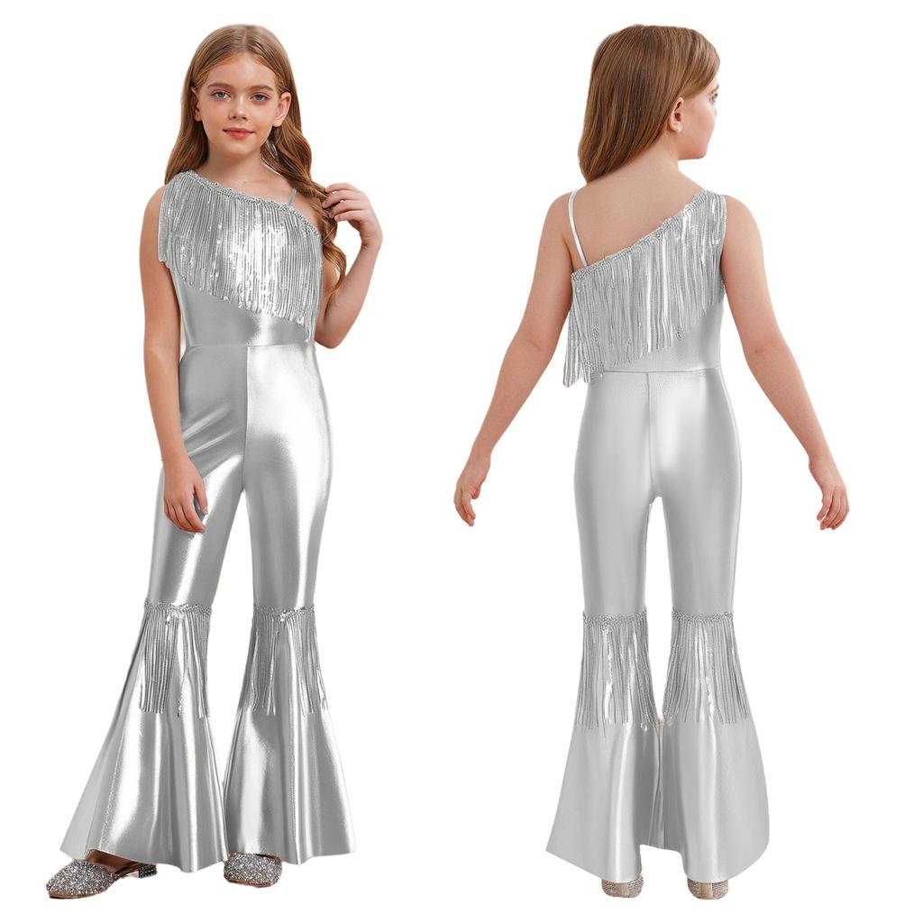 Kids Sparkly Jumpsuit Off-shoulder Sleeveless Sequin Tassels Flared for Pageant Show