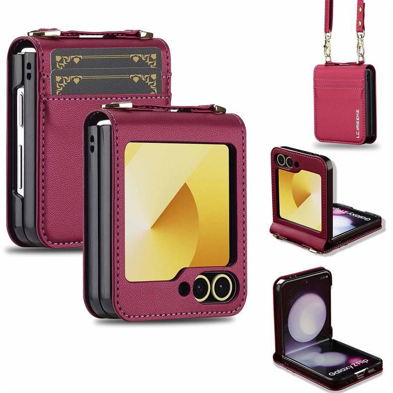 Compatible with Samsung Z Flip7/6 Leather Crossbody Strap Case, Z Flip5 Card Slot 3-Fold Cover.