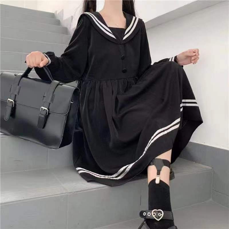 Rochii Femei Fundă Mozaic Lejer A-Line Moda Lungime până la genunchi Drăguț Imperiu Preppy Style Ins Guler marinar Japonez All-match Negru