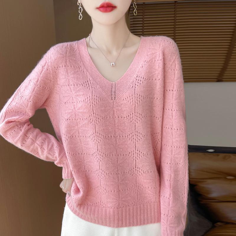 Women's V-Neck Hollow-Out Wool Sweater: Long-Sleeved, Loose-Fit Knit Base Layer