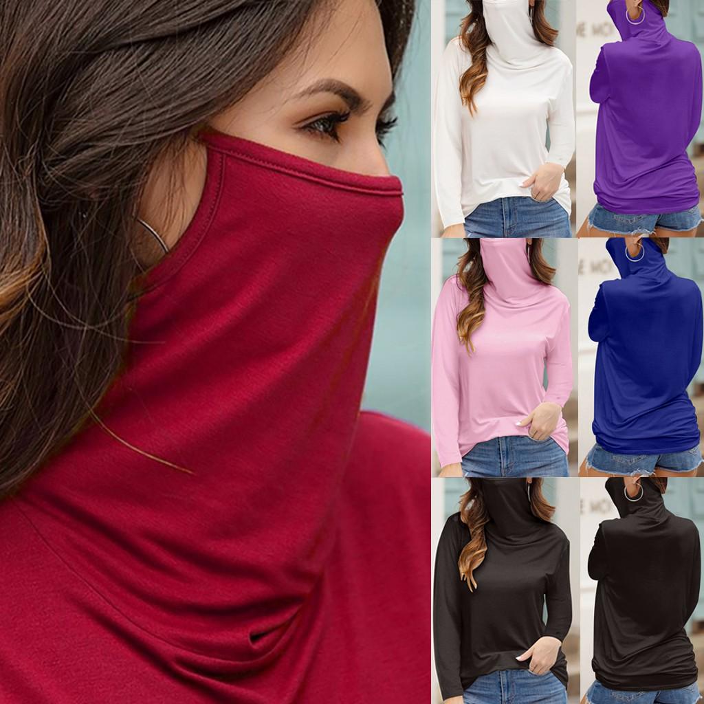 

Повседневные женщины Loose Turtleneck Длинные рукава почвы маска Топы Блузка футболка