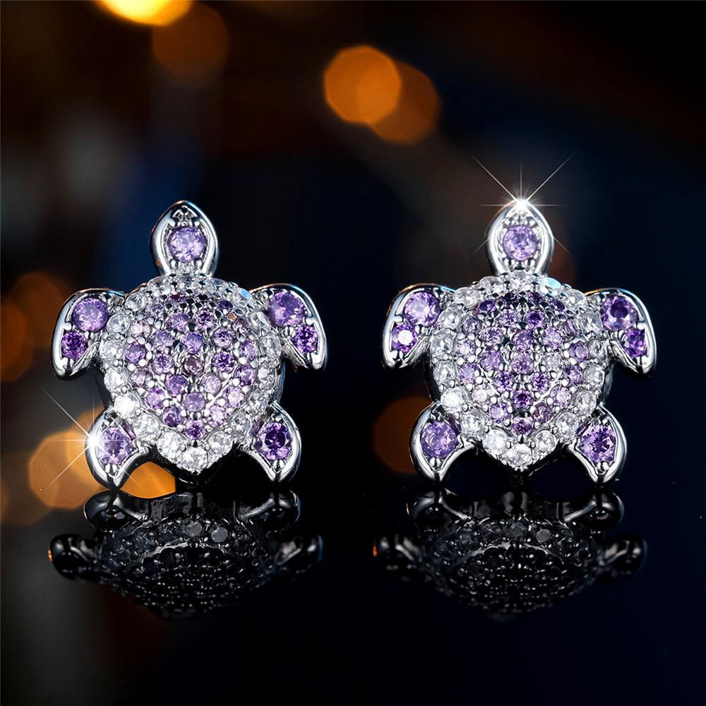 Cute Female Green Rose Red Blue Zircon Stone Small Round Turtle Stud Earrings Vintage Silver Color Wedding Jewelry For Women