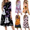 Women's Casual Midi Dress Halloween Print Round Neck Three Quarter Sleeve Mid-Length Dress Comfortable Fit