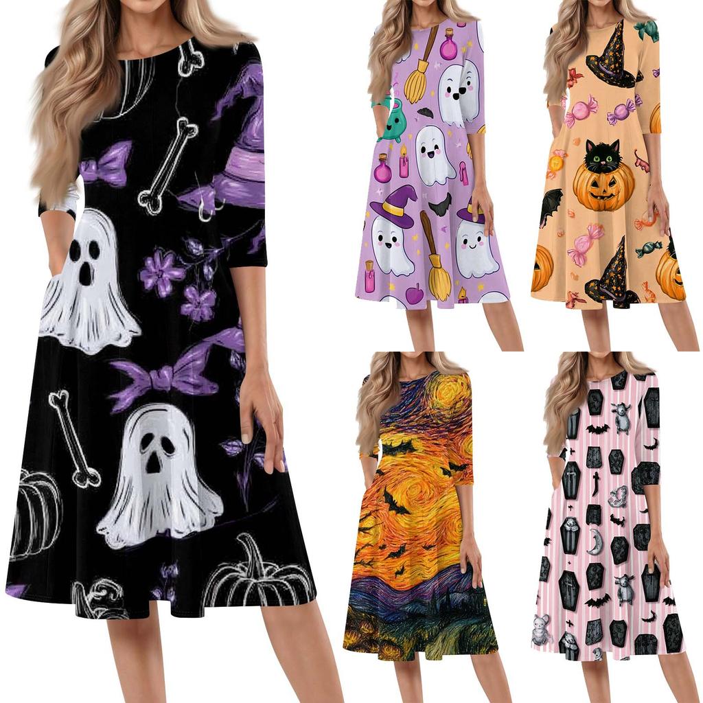Women's Casual Midi Dress Halloween Print Round Neck Three Quarter Sleeve Mid-Length Dress Comfortable Fit