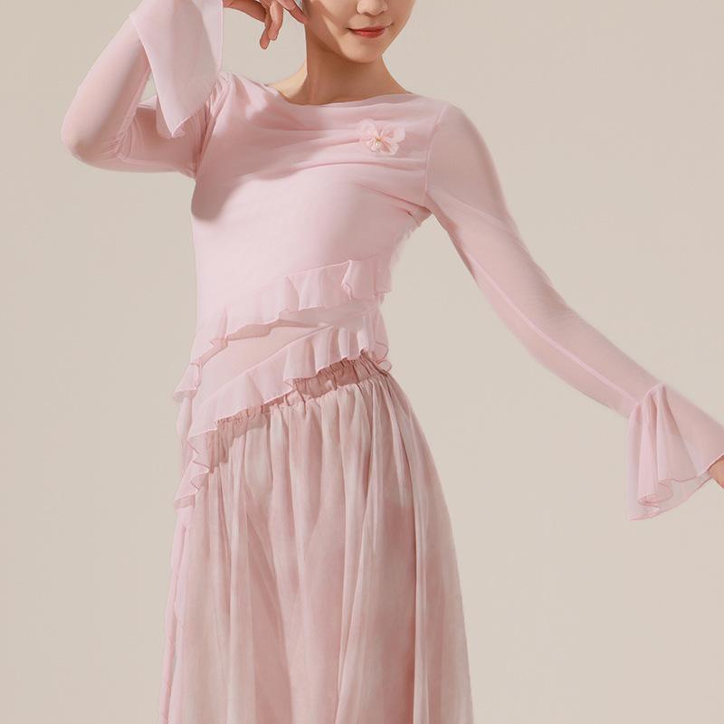 

Классическая танцевальная одежда женская облегающая утягивающая расклешенные рукава дизайн Sense тренировочная одежда топы S розовый