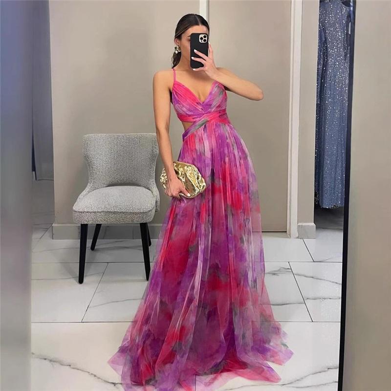 Women's New Mesh Printed Suspender Dress Summer Vacation Casual Party V-neck Waist Long Skirt