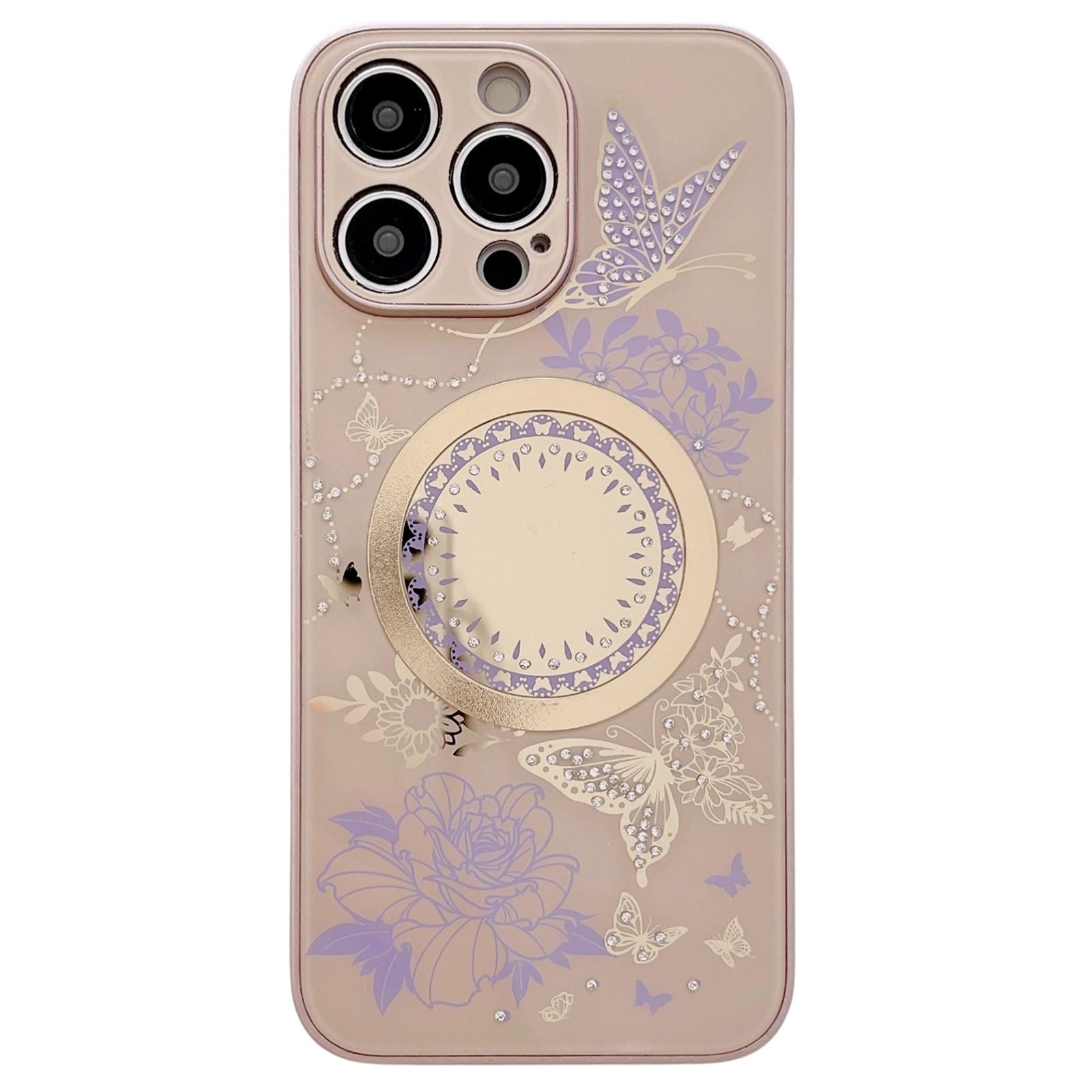 

For iPhone 15 Pro Max Case Compatible with MagSafe TPU+PC Phone Cover Flower Butterfly Pattern Brown/Purple