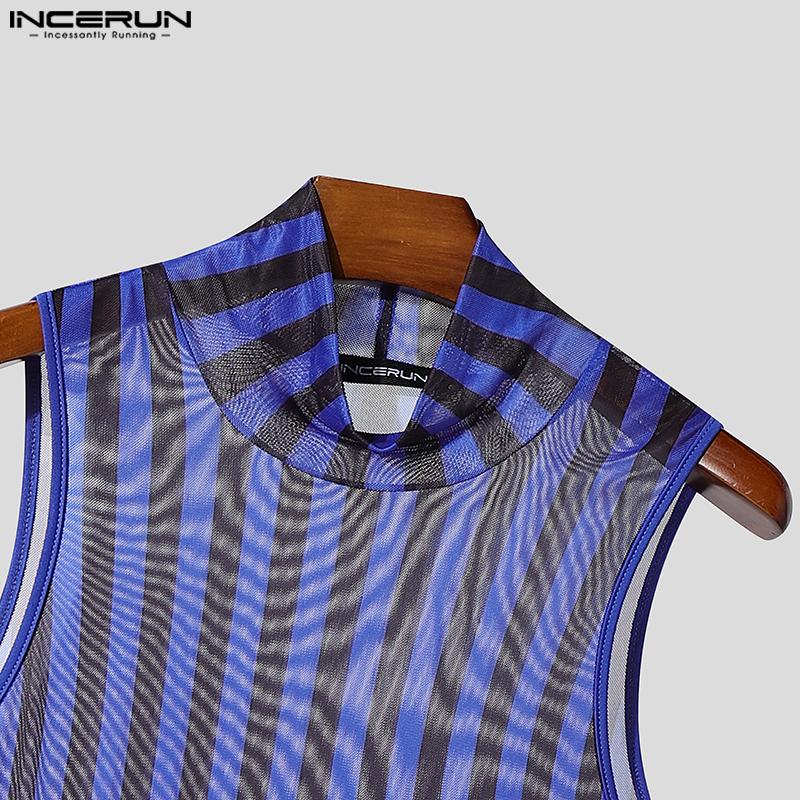 INCERUN 2PCS Men Sleeveless Striped Mesh Sheer Tank Tops Elastic Waist Layers Pants Sets