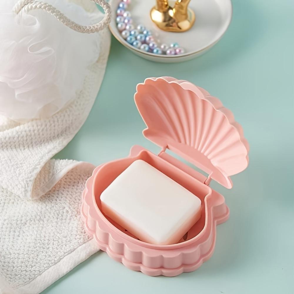 1pc Shell-Shaped Soap Box with Flip Lid, Cute Seashell Design, Drainage Holes & Snap-Fit Cover, Decorative Bathroom Organizer