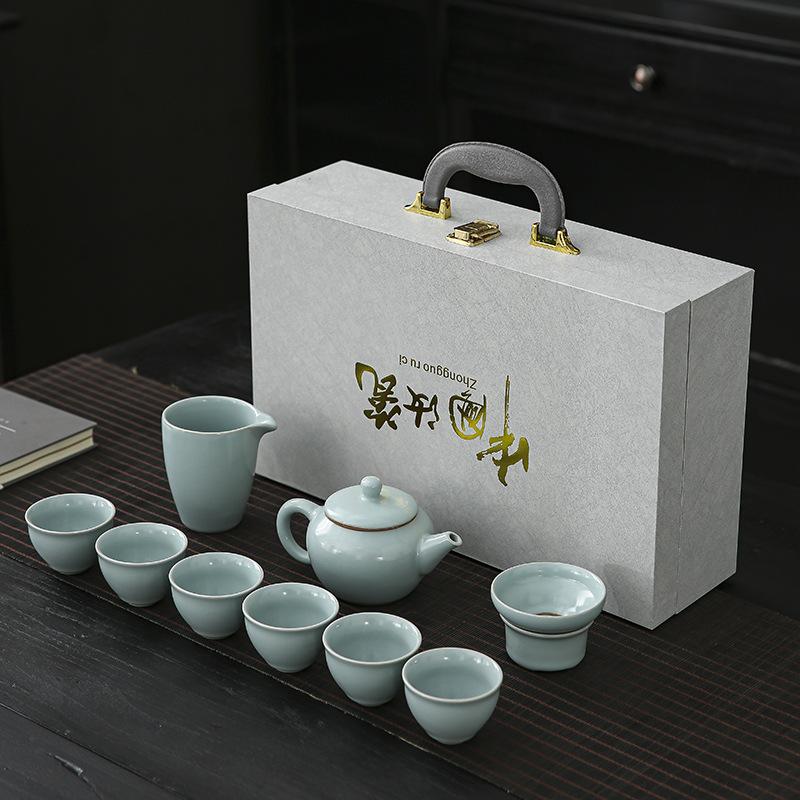Ru kiln tea set, a full set of household kung fu tea set can be raised, opening film, annual meeting, festivals, business gifts