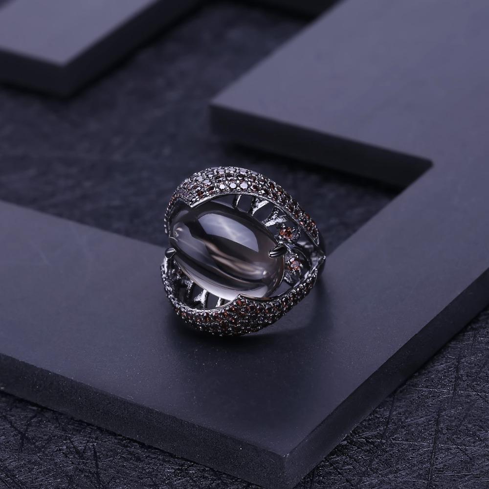 Gb oválný prsten Natural Smoky Quartz Originální 925 Sterling Sliver Vintage gotické punkové prsteny pro ženy Jemné šperky na párty
