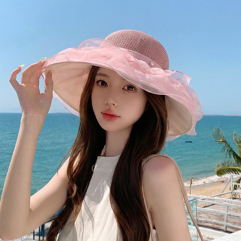 Summer hollow breathable sun protection hat, women's mesh bow fisherman hat, large brim sun hat