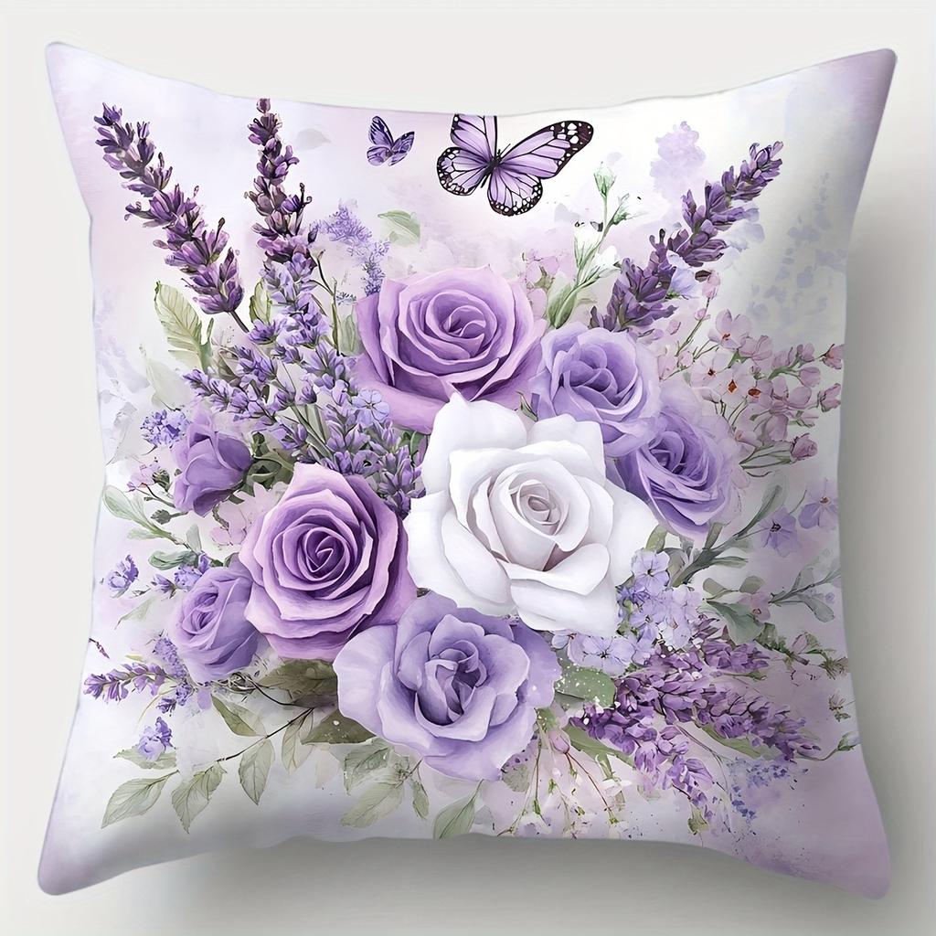 1Pc Elegant Purple Rose And Butterfly Hug Pillowcase Is Perfect For Decorating Living Rooms, Sofas, Bedrooms, And Home Decor