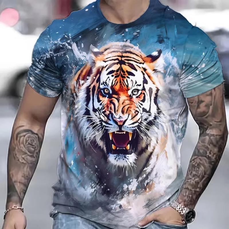 Fashion Tiger T-Shirt For Men Animal 3D Print Men's Shirts Summer Short Sleeved Tee Round Neck Oversized Top Casual Men Clothing