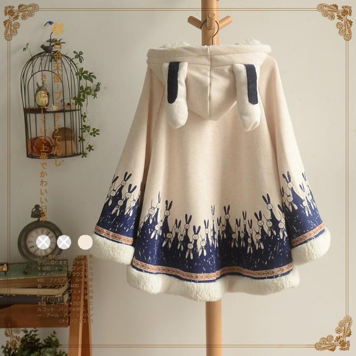 2019 Winter College Style Cute Patchwork Rabbit Ear Hooded Fleece-Lined Cape Coat