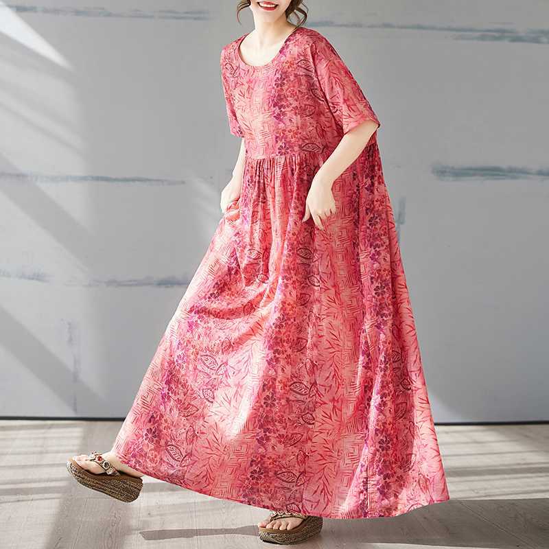 

Богемная длинная юбка летнее платье с коротким рукавом One size розы красного