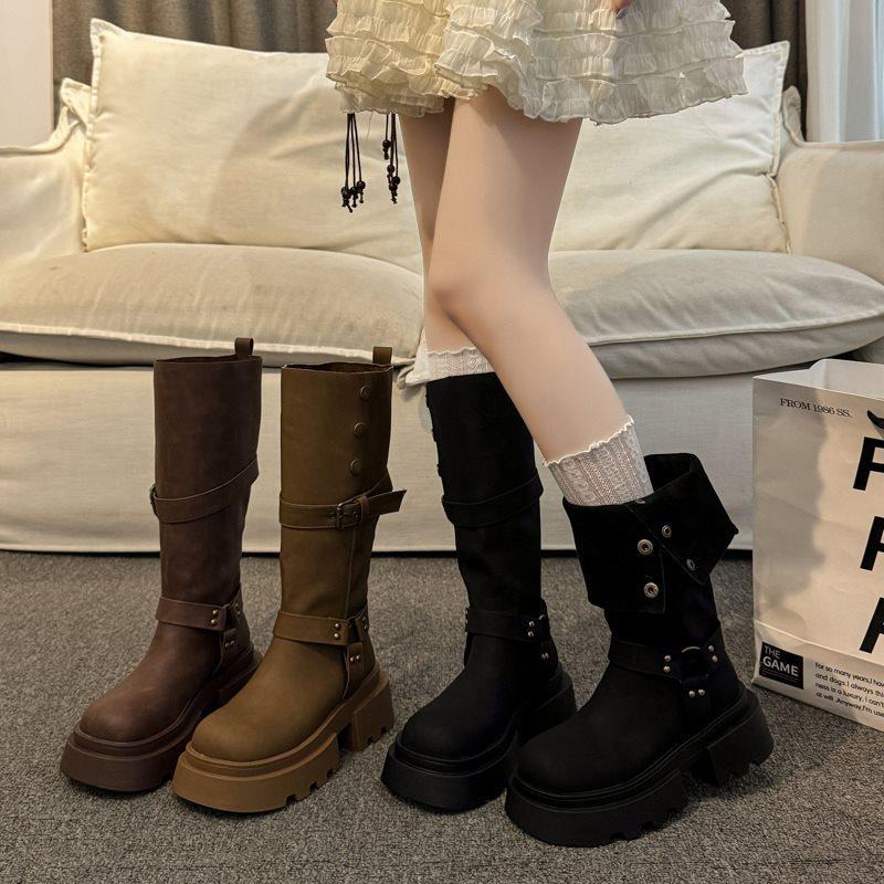 Spring and Autumn Height Increase Beauty Small Man Rad Thick Leg Knight Boots New Tall Boots Brown 2025 Fat Mm Long Boots Women