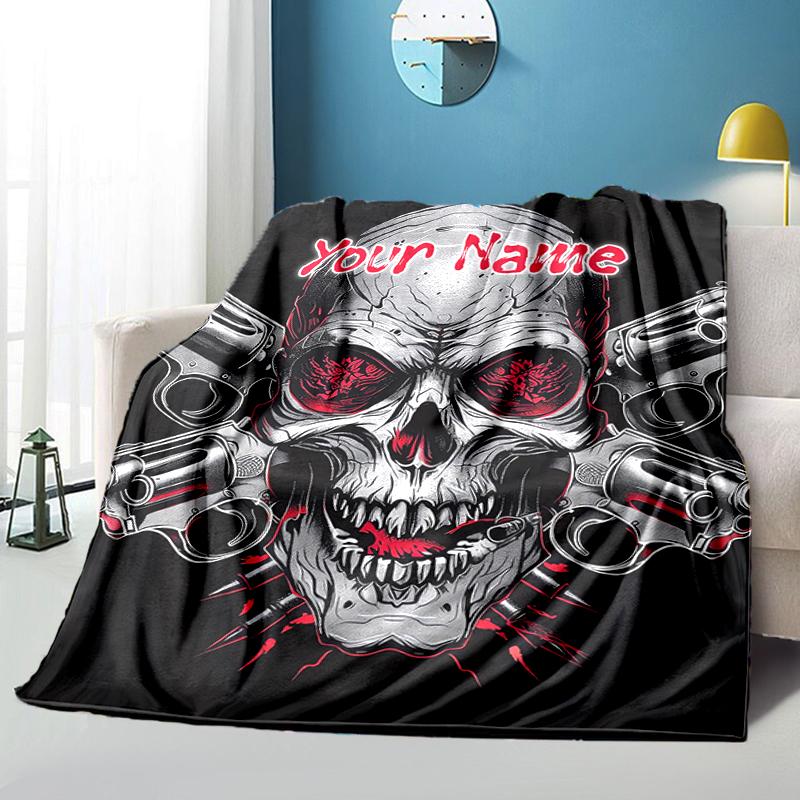 1PC Custom Name Skull Guns Artwork Flannel Blankets Patterns Throw Blanket All-Season Soft Gift for Couch, Bed, Camping Gifts