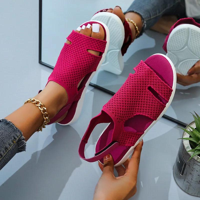 Fashion Women's Shoes Flat Sandals Summer Weaving Mesh Breathable Leisure Shoes for Women Solid Color Roman Slip on Sandales Large Size