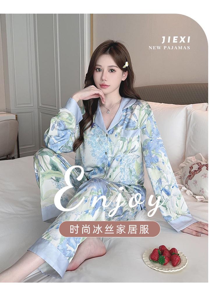 New Long-sleeved Large-size Printing Suit Internet Celebrity Summer Pajamas Women's Ice Silk Outer Loungewear