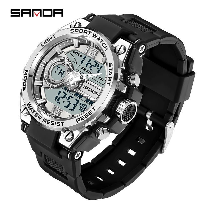 Sanda Trendy Waterproof Sports Watch - Minimalist Design with Dual Display for Students