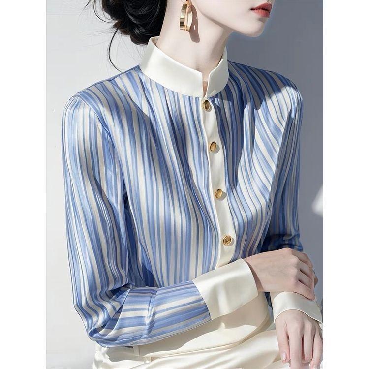 Women's Striped Shirt with French Standing Collar Women's Spring Shirt