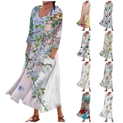 Women's Fashion Casual Print Round Neck 3/4 Sleeve Loose Pocket Dress