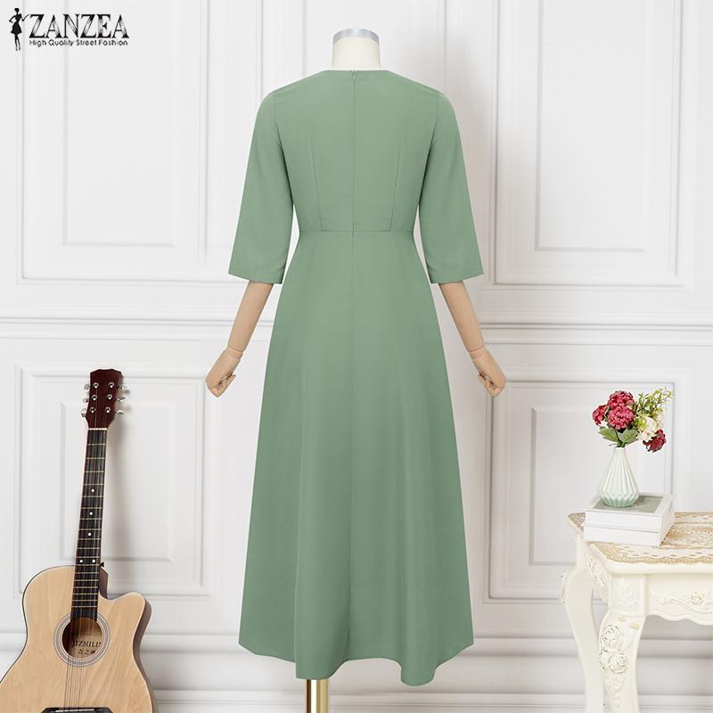 ZANZEA Women Casual Round Neck Solid Color 3/4 Sleeve Long Dress