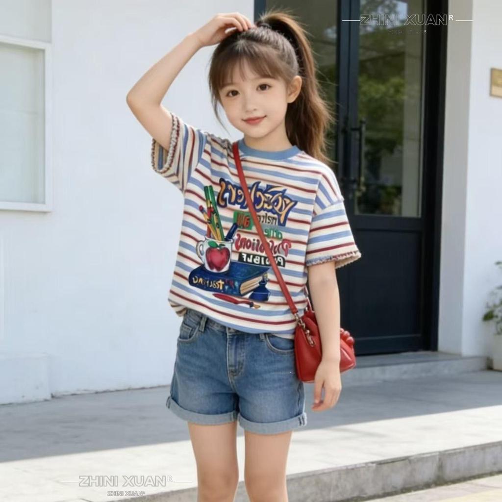 Unisex Kids' Cotton Striped T-shirt with Letter Print - Trendy Summer Short Sleeve Top