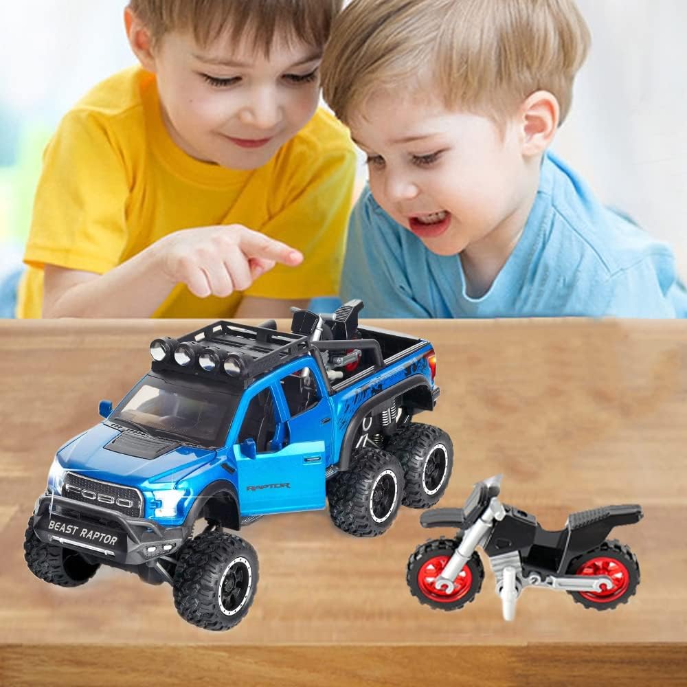 1/24 Scale Toy Pickup Trucks, Truck Toy, Ford F150 Diecast Metal Pickup with Sound and Light, 6x6 Off-Road Pull Back Trucks with Motorcycle for Kids